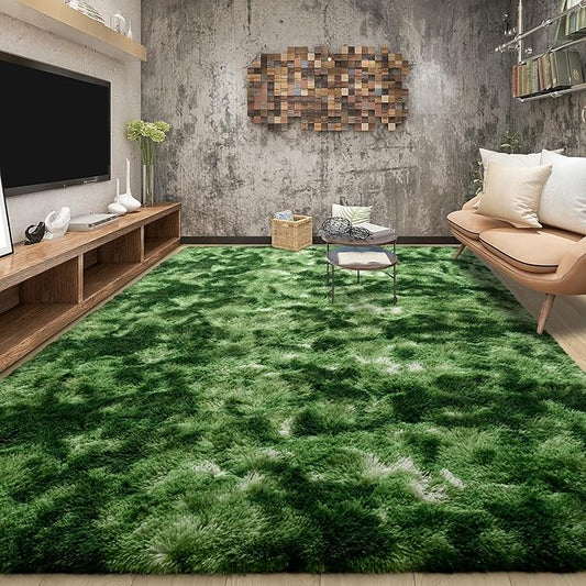 Tepook Fluffy Large Rugs for Living Room, 8x10 Area Rugs for Bedroom, Modern Shag Fuzzy Carpets for Kids Boys Girls, Plush Indoor Nursery Home Decor Rug with Non-Slip Bottom, Tie-Dyed Dark Green