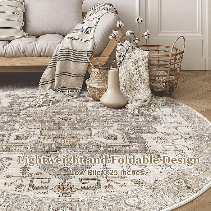 6x6 Round Area Rugs Washable Vintage - Soft Traditional Rugs for Living Room Large Non Slip Backing with Low Pile Farmhouse Oriental Retro Carpet for Bedroom Dining Room or Home Office - Light Brown