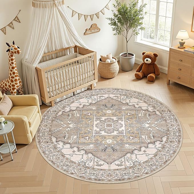 6ft Round Rug for Living Room: 6x6 Washable Vintage Brown Area Rug, Large Non Slip Soft Stain Resistant Indoor Floor Carpet for Bedroom Dining Decor Home Office Kid & Pet Friendly