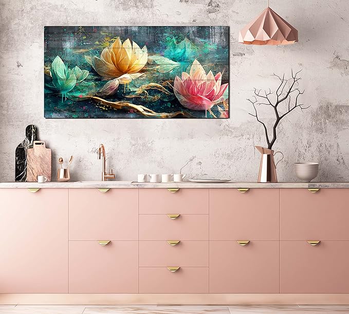 GUGIKA Lotus Flower Wall Art for Living Room, Floral Canvas Wall Decor for Bedroom, Teal Vintage Print Painting, Colorful Artwork for Home, Aesthetic Picture Decoration, Size 40x20