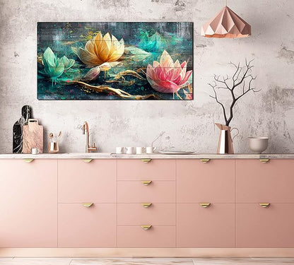 GUGIKA Lotus Flower Wall Art for Living Room, Floral Canvas Wall Decor for Bedroom, Teal Vintage Print Painting, Colorful Artwork for Home, Aesthetic Picture Decoration, Size 40x20