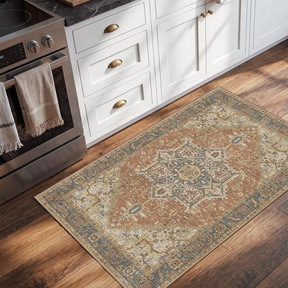 2x3 Washable Small Front Door Terracotta with Vintage Orient Design, Soft Rug for Entryway or Kitchen, Non-Slip Low Pile Stain Resistance Features, Distressed Medallion Pattern