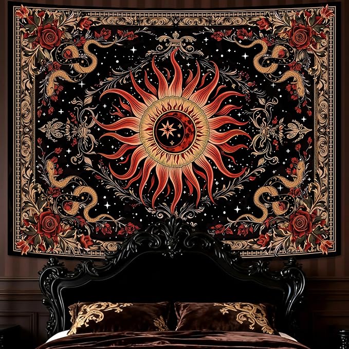 Neasow Gothic Sun Tapestry, Vintage Snake Rose Floral Wall Art, Mystic Black Red Retro Decor for Living Room Bedroom Home, 44x60 inches
