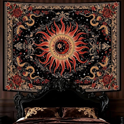 Neasow Gothic Sun Tapestry, Vintage Snake Rose Floral Wall Art, Mystic Black Red Retro Decor for Living Room Bedroom Home, 36x48 inches