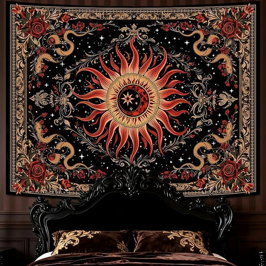 Neasow Gothic Sun Tapestry, Vintage Snake Rose Floral Wall Art, Mystic Black Red Retro Decor for Living Room Bedroom Home, 36x48 inches