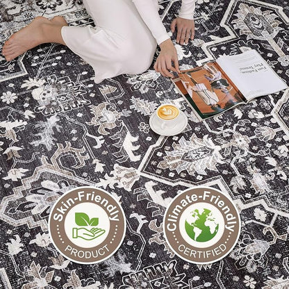 6x9 Area Rugs Living Room: Washable Boho Large Vintage Moody Soft Rug Distressed Oriental Stain Resistant Non-Slip Indoor Floor Carpet for Bedroom Playroom Office Dining Room Retro Home House- Black