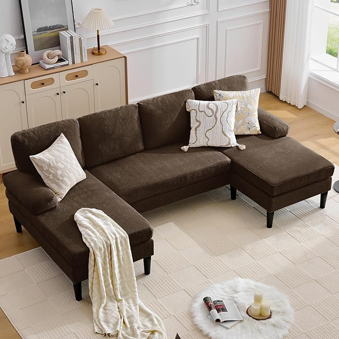 Korser 101" U-Shaped Sectional Couches for Living Room, Chenille Upholstery 4-Seat Sofa with Double Chaises, Modern Couch with Wood Legs for Apartment & Small Space, Brown