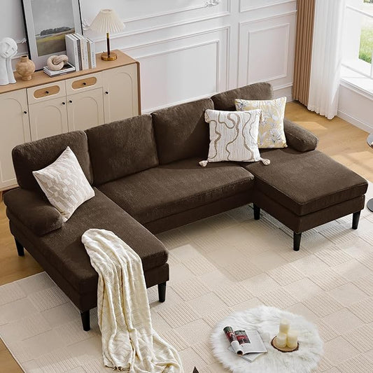 Korser 101" U-Shaped Sectional Couches for Living Room, Chenille Upholstery 4-Seat Sofa with Double Chaises, Modern Couch with Wood Legs for Apartment & Small Space, Brown