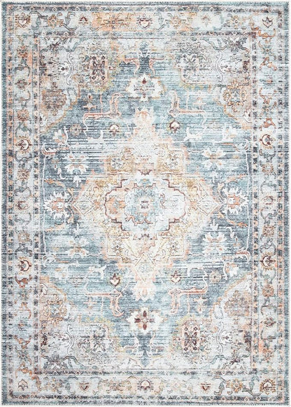 Bloom Rugs Washable Non-Slip 5' x 7' Rug - Teal/Peach Traditional Area Rug for Living Room, Bedroom, Dining Room, and Kitchen - Exact Size: 5' x 7'