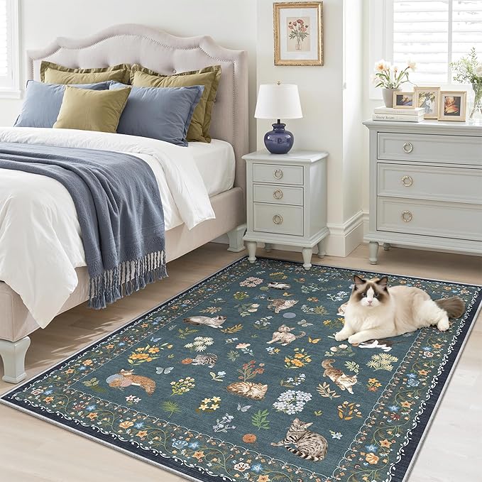 Soalmost Cat 3x5 Area Rugs for Entryway, Machine Washable Animal Floral Accent Rug Non-Slip Low Pile Soft Throw Rugs for Kitchen Bedside Living Room Bedroom Kids Room (3 x 5,Navy Blue)