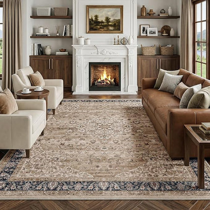 FMFUNCTEX 6x9 Brown Washable Area Rug Vintage Distressed Oriental Non Slip Low Pile Neutral Indoor Carpet for Living Room Bedroom Soft Retro Floral Thin Large Rug for Dining Nursery Office Dorm