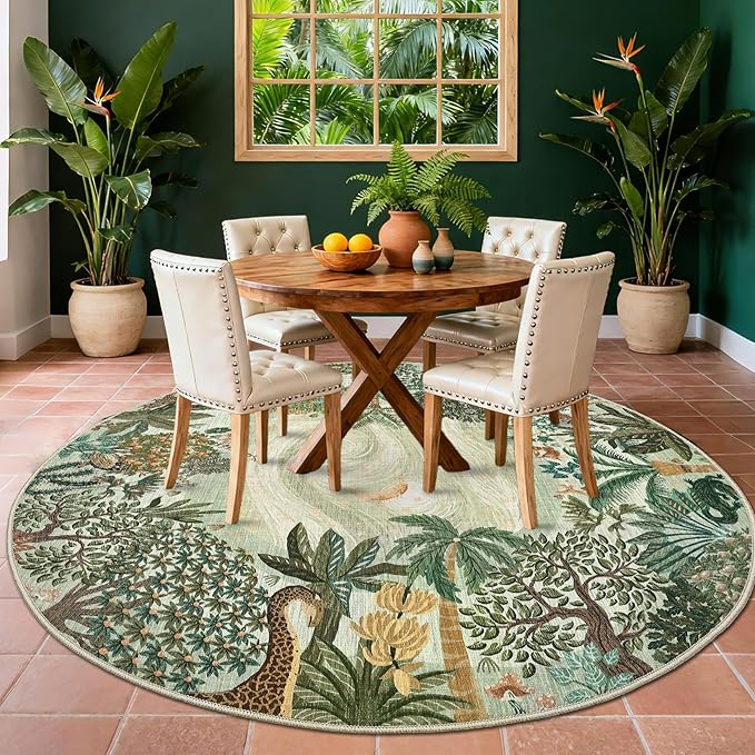 GarveeHome Round Area Rugs 8ft for Living Room, Large Green Jungle Washable Circle Rug Soft Non Slip Forest Animal Print Floor Mat Tiger Carpet Indoor Thin Rug for Bedroom Dining Room Playroom Nursery