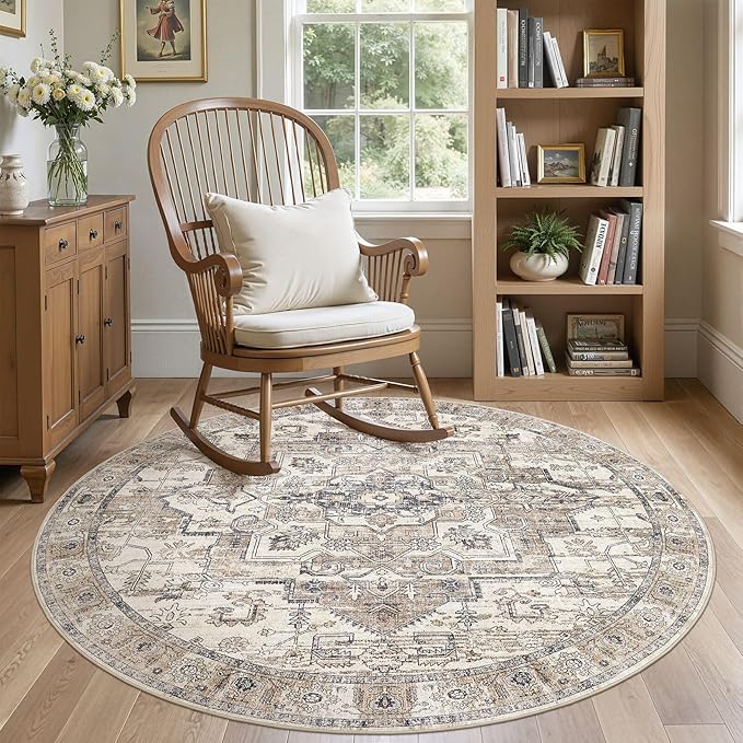 6x6 Round Area Rugs Washable Vintage - Soft Traditional Rugs for Living Room Large Non Slip Backing with Low Pile Farmhouse Oriental Retro Carpet for Bedroom Dining Room or Home Office - Tea Brown