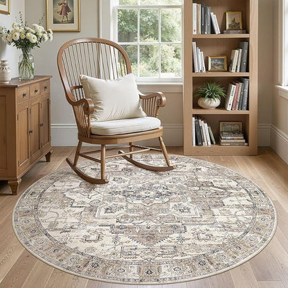 6x6 Round Area Rugs Washable Vintage - Soft Traditional Rugs for Living Room Large Non Slip Backing with Low Pile Farmhouse Oriental Retro Carpet for Bedroom Dining Room or Home Office - Tea Brown