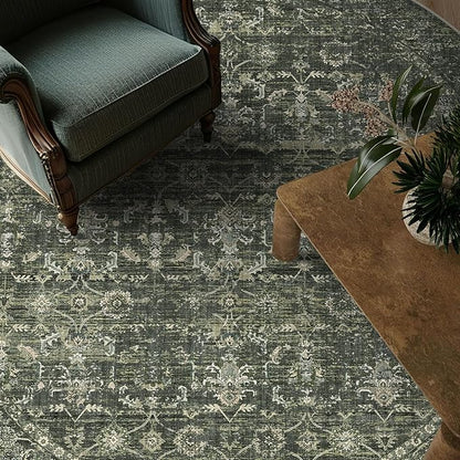8ft Green Round Washable Area Rug for Living Room Vintage Boho Non Slip Circle 8x8 Large Rug Distressed Floral Carpet Indoor Retro Soft Low Pile Farmhouse Throw Rug for Bedroom Nursery Office