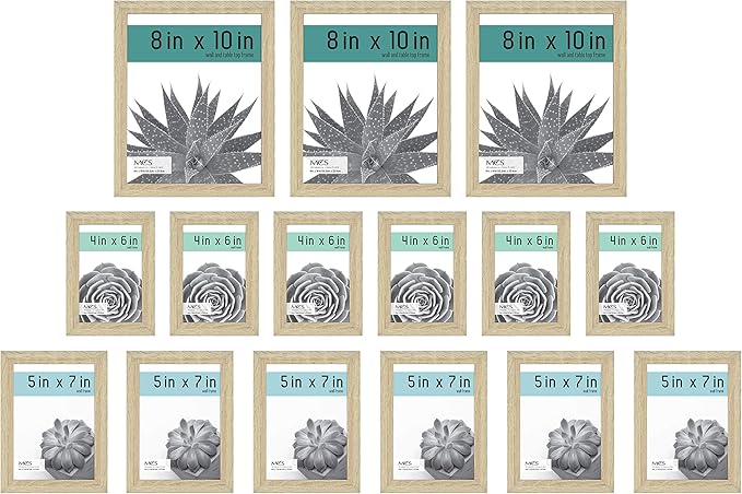 MCS Gallery Essential Picture Frame Set 4x6, 5x7 & 8x10 Natural Woodgrain, Gallery Wall Vertical & Horizontal Hanging Frames for Photos & Art Prints (15-Pack)