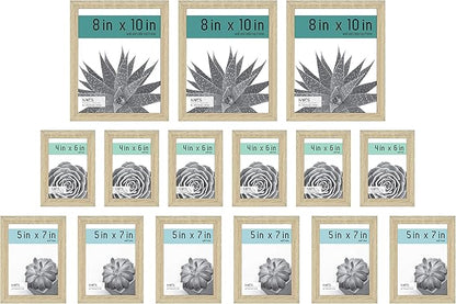 MCS Gallery Essential Picture Frame Set 4x6, 5x7 & 8x10 Natural Woodgrain, Gallery Wall Vertical & Horizontal Hanging Frames for Photos & Art Prints (15-Pack)