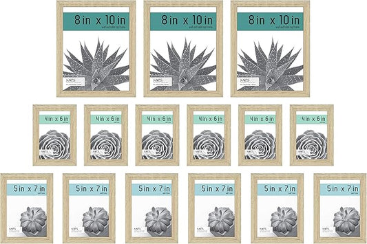 MCS Gallery Essential Picture Frame Set 4x6, 5x7 & 8x10 Natural Woodgrain, Gallery Wall Vertical & Horizontal Hanging Frames for Photos & Art Prints (15-Pack)