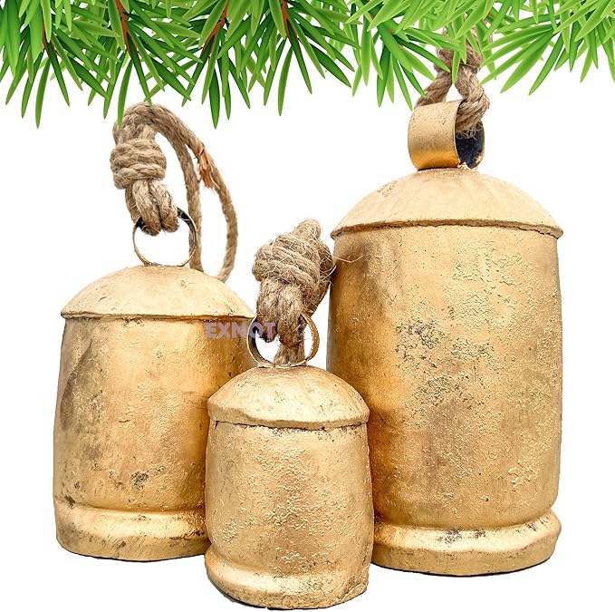 Vintage Metal Harmony Bells, Rustic Farmhouse Door Hanging Cow Bells, Gold Shabby Chic Christmas Decor, Bells for Christmas Wreath, Set of 3 with Jute Rope
