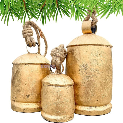 Vintage Metal Harmony Bells, Rustic Farmhouse Door Hanging Cow Bells, Gold Shabby Chic Christmas Decor, Bells for Christmas Wreath, Set of 3 with Jute Rope