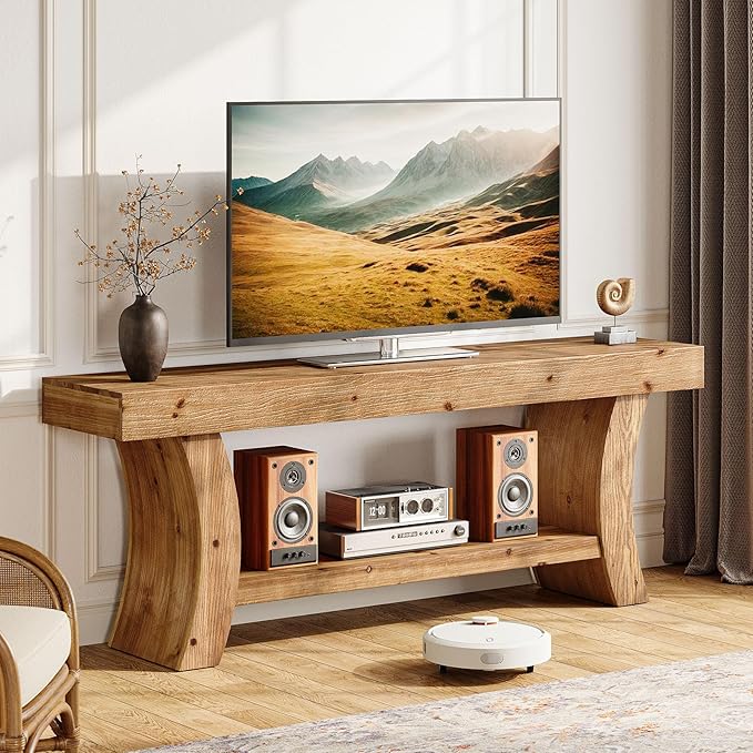 63" Solid Wood TV Stand for 55/60/65/75" TVs, Farmhouse TV Console, Low Entertainment Center with Storage for Living Room, Bedroom