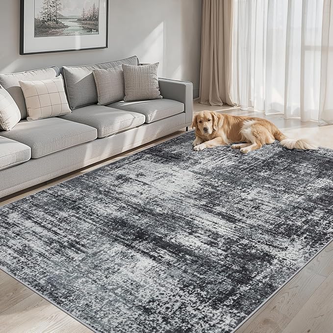 Area Rugs 10x14 Living Room - Washable Rug Modern Abstract Soft Large Neutral Non-Slip Carpet Indoor Floor Thin Carpets for Bedroom Dining Room Farmhouse Nursery Home Office Dark Black