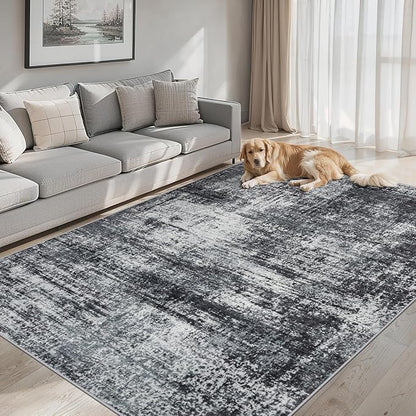 Area Rugs 9x12 Living Room - Washable Rug Modern Abstract Soft Large Neutral Non-Slip Carpet Indoor Floor Thin Carpets for Bedroom Dining Room Farmhouse Nursery Home Office Dark Black