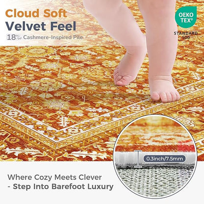 OPPODREAM Vintage Orange Area Rugs 10x14, 10 x 14 Retro Washable Rug Non Slip, Low-Pile Faux Wool Carpet, Distressed Floor Mat for Living Room, Bedroom, Office, Dorm, Dinning Room, Big & Large