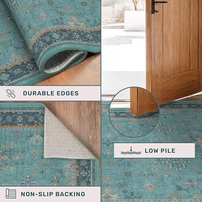 Hazo Haus Boho 3x20 Extra Long Hallway Runner Rug - Non Slip Waterproof Kitchen Floor Mat - Modern Teal Green Eclectic Floral Design Décor