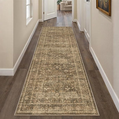 2'6"x8' Brown Runner Rug Hallway Non Slip Washable Area Rugs Kitchen Soft Vintage Boho Long Rug Distressed Floral Carpet Indoor Low Pile Throw Rug for Bedroom Bathroom Laundry Dining Room Office