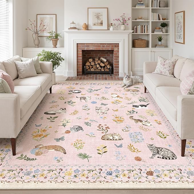 Soalmost Cat 9x12 Pink Area Rugs for Baby Girl Nursery, Washable Animal Floral Vintage Rug Non-Slip Low Pile Soft Throw Rugs for Living Room Dining Room Bedroom Playroom Classroom (9 x 12,Pink)