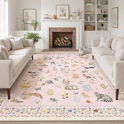 Soalmost Cat 9x12 Pink Area Rugs for Baby Girl Nursery, Washable Animal Floral Vintage Rug Non-Slip Low Pile Soft Throw Rugs for Living Room Dining Room Bedroom Playroom Classroom (9 x 12,Pink)