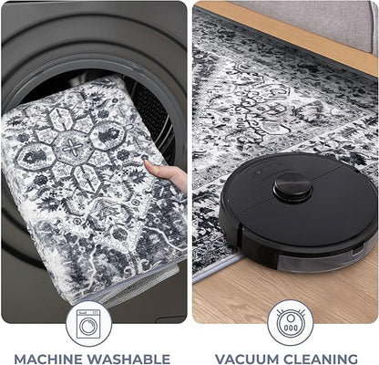 KOZYFLY Boho Area Rug 3x5 Ft Rugs for Entryway Washable Entry Rug Non Slip Door Mat Indoor Entrance Printed Faux Wool Vintage Kitchen Rug Throw Rugs for Kitchen Living Room, Grey