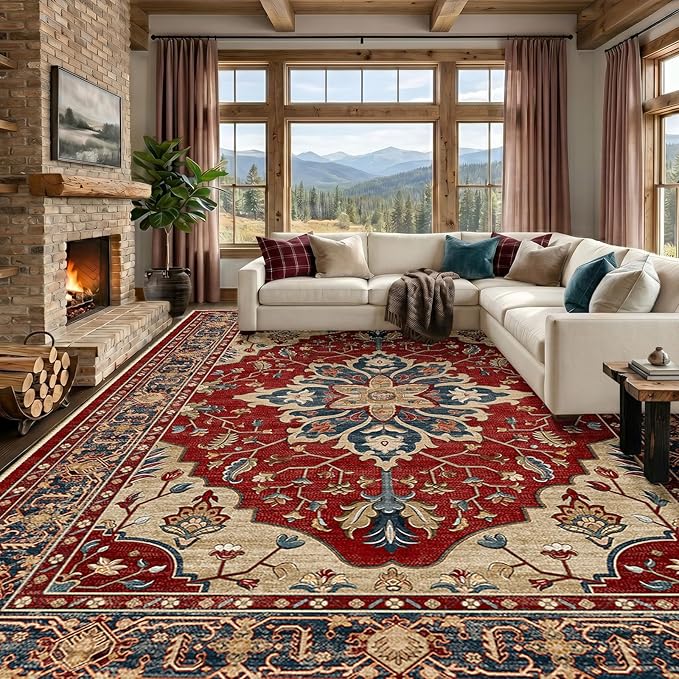 RELEANY Area Rugs 9'x12' Washable Non-Slip, Floral Vintage Distress Print Pattern Medallion Carpet for Living Room Bedroom Dining Room, Red Blue