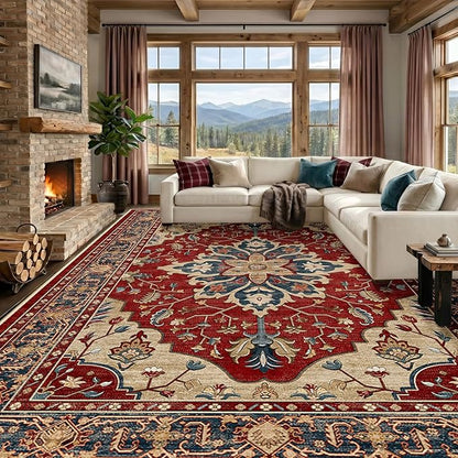 RELEANY Area Rugs 9'x12' Washable Non-Slip, Floral Vintage Distress Print Pattern Medallion Carpet for Living Room Bedroom Dining Room, Red Blue