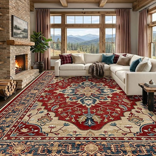RELEANY Area Rugs 9'x12' Washable Non-Slip, Floral Vintage Distress Print Pattern Medallion Carpet for Living Room Bedroom Dining Room, Red Blue