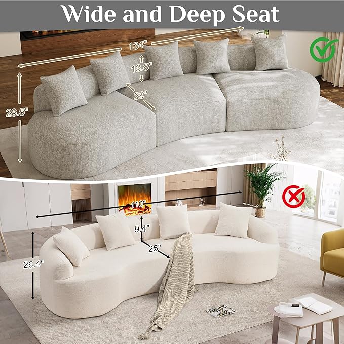 134" Oversized Sectional Sofa for Living Room, Modern Luxury Plush Chenille 4-Seater Extra Deep & Wide Seat Curved Cloud Couch with 5 Throw Pillows, No Assembly Needed, Light Grey