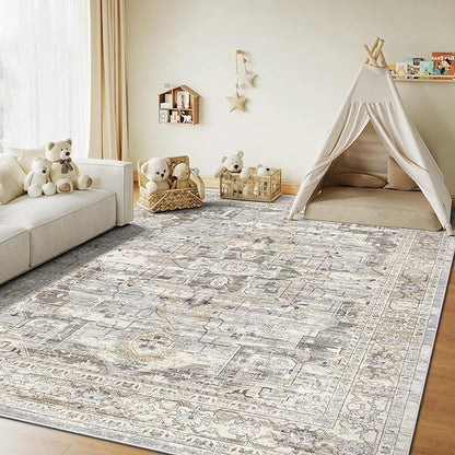 9x12 Washable Vintage Area Rug - Non-Slip Soft Rugs for Living Room Bedroom Dining Room, Stain Resistant Indoor Floor Mat for Home Decor (Beige/Brown, 9'x12')