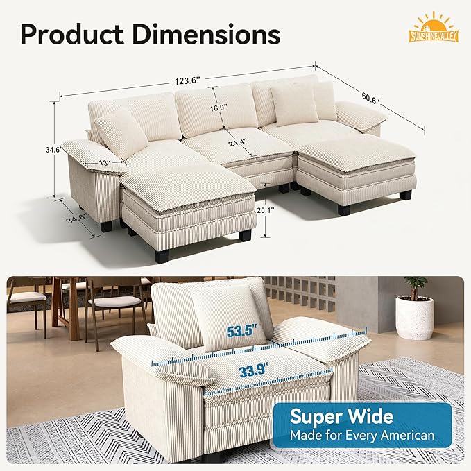 SUNSHINE VALLEY U Shaped Modular Cloud Couch, 123.6'' Comfy Corduroy Sectional Sofa with Wider Armrest and Ottoman, Upholstered 5-Seat Modern Deep Seat for Bedroom Living Room, Beige
