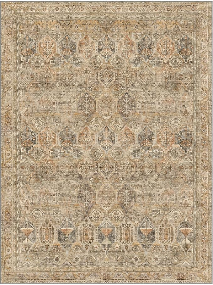 Bavni Washable Rug 6x9 Area Rug for Living Room Bedroom Dining, Washable Vintage Print Carpet, Ultra-Thin Chenille Low Pile Lightweight Rug with Non Slip Backing, Wood