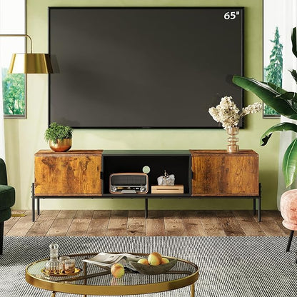 WLIVE TV Stand for 65 Inch TV, Mid Century Modern Entainment Center with 2 Storage Cabinets & Open Shelf, TV Console Table Media with Metal Legs for Living Room, Bedroom, Rustic Brown