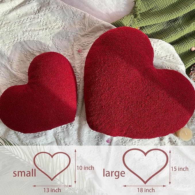 EastTree Heart Pillows, Wine Red Heart Shaped Pillows, Love Throw Pillows, Cute Sherpa Heart Decor, Large Fluffy Pillows, Women Girls Living Bedroom Home Decoration 15x18 Inch