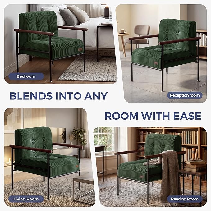 MAXYOYO Living Room Accent Chair, Modern Chair with Sturdy Metal Frame & Wood Armrests, Upholstered Reading Chair with Upholstered Cushion for Bedroom Balcony Porch, Dark Green