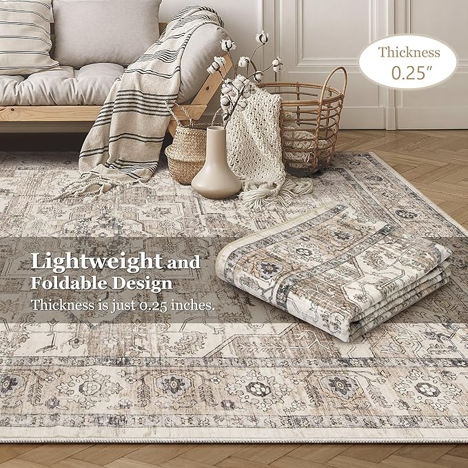 Area Rug 10x12 Washable Vintage - Soft Traditional Rugs for Living Room Large Non Slip Backing with Low Pile Farmhouse Oriental Retro Carpet for Bedroom Dining Room or Home Office - Tea Brown