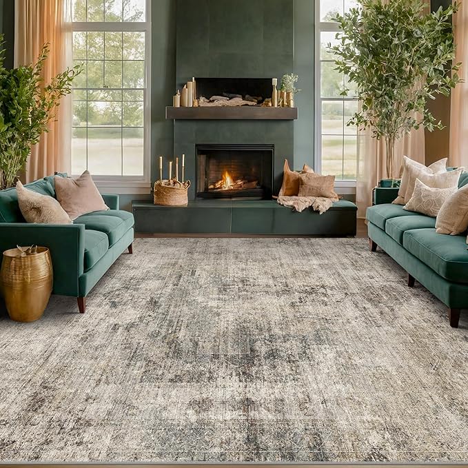 Hazo Haus Taupe Brown Large Area Rug for Living Room 10x12 – Modern Farmhouse Rustic Washable Rug for Dining Room & Bedroom, Non-Slip Foldable Dark Academia Décor