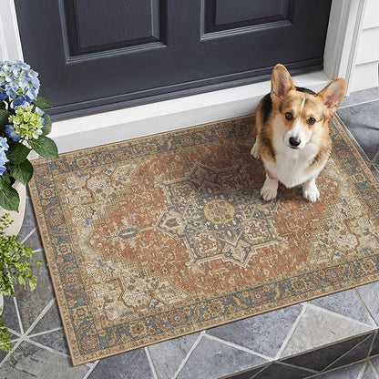 2x3 Washable Small Front Door Terracotta with Vintage Orient Design, Soft Rug for Entryway or Kitchen, Non-Slip Low Pile Stain Resistance Features, Distressed Medallion Pattern