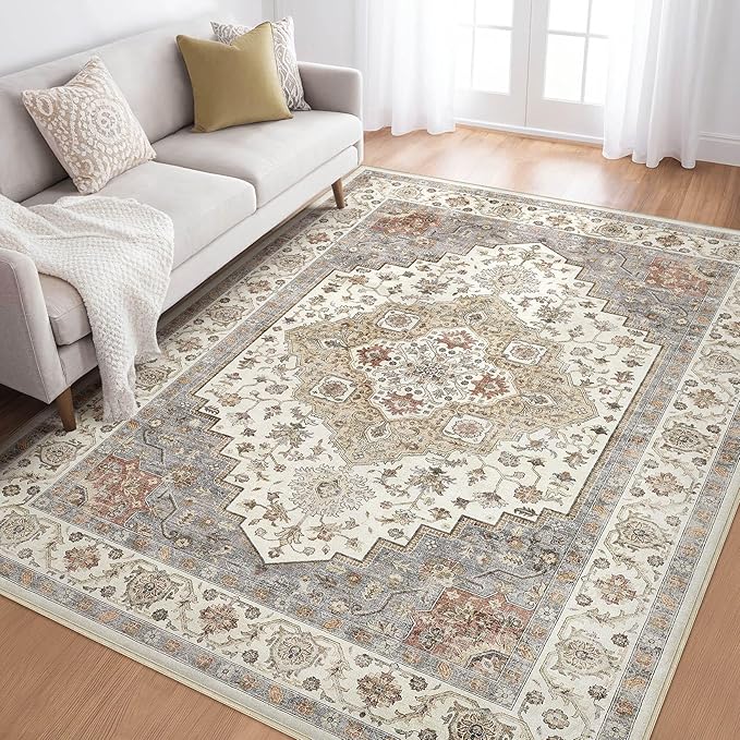 6x8 Area Rug Living Room: Washable Boho Large Neutral Vintage Soft Rugs Stain Resistant Farmhouse Non-Slip Indoor Floor Carpet for Bedroom Nursery Kids Playroom Office Dining Room- Orange Beige