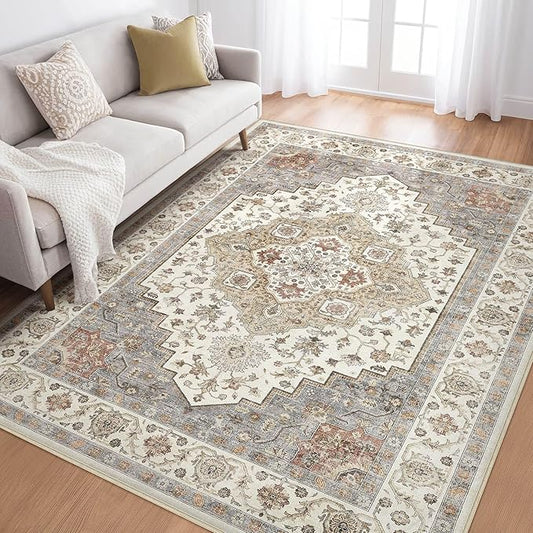 6x8 Area Rug Living Room: Washable Boho Large Neutral Vintage Soft Rugs Stain Resistant Farmhouse Non-Slip Indoor Floor Carpet for Bedroom Nursery Kids Playroom Office Dining Room- Orange Beige