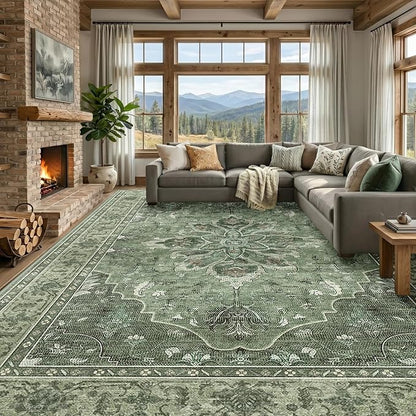 RELEANY Area Rugs 9'x12' Washable Non-Slip, Floral Vintage Distress Print Pattern Medallion Carpet for Living Room Bedroom Dining Room, Dark Green Gray
