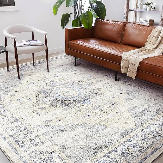 CHAMPLANT Washable Area Rug 8'x10' Floral Blue Boho Design Non-Shedding Non-Slip Easy Care Ideal for High Traffic Areas in Living Room Bedroom Office Coffee Table Kitchen Large Carpet